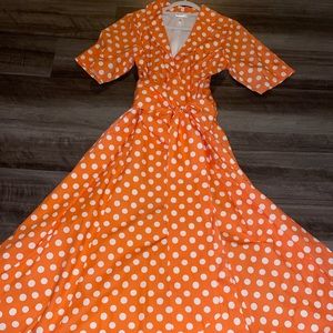 One-of-a-kind, 100% cotton coral/white polka dot maxi dress. Fits sizes 12 to 14